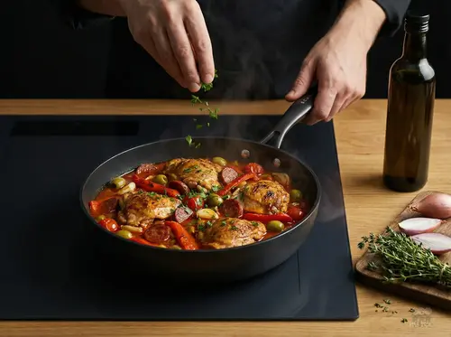 Scanpan Pro SB+ tytanowo-ceramiczna patelnia z potrawą, świeże zioła.
