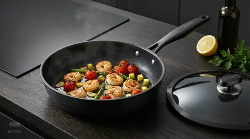 Tytanowo-ceramiczna patelnia Scanpan Pro SB+ z pokrywką na kuchennym blacie, smażenie krewetek.