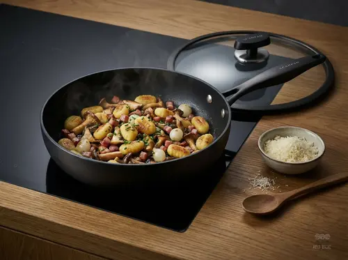 Scanpan Pro SB+ tytanowo-ceramiczna patelnia z pokrywką na kuchence, gotowe danie.