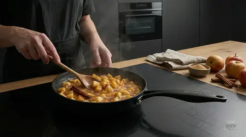 Tytanowo-ceramiczna patelnia Scanpan Pro SB+ z duszonymi jabłkami
