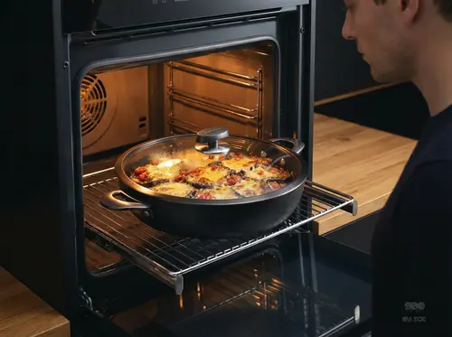 Tytanowo-ceramiczna patelnia Pro SB+ Scanpan z pokrywką w piekarniku