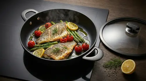 Tytanowo-ceramiczna patelnia Scanpan Pro SB+ z potrawą rybną, pokrywka obok