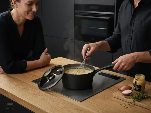 Tytanowo-ceramiczny rondel Scanpan Pro SB+ z pokrywką, 1,8 l, czarny, na blacie kuchennym.