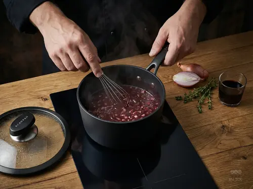 Tytanowo-ceramiczny rondel Pro SB+ Scanpan z pokrywką na drewnianym blacie.