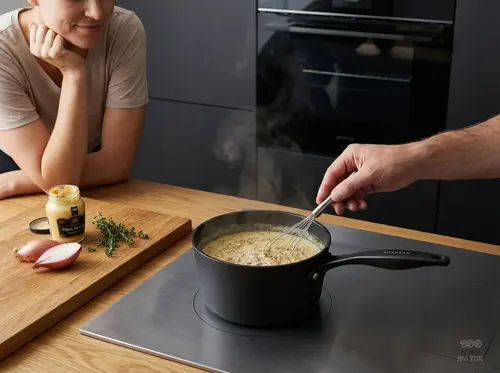 Tytanowo-ceramiczny rondel Scanpan Pro SB+ na płycie indukcyjnej.