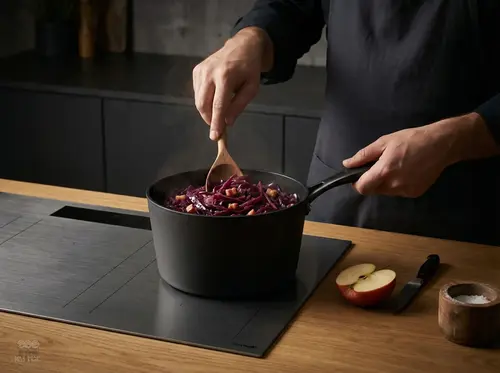 Tytanowo-ceramiczny rondel Scanpan Pro SB+ z kapustą na kuchence.