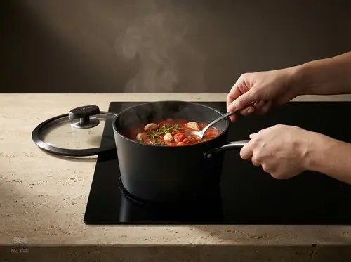 Tytanowo-ceramiczny rondel Scanpan Pro SB+ z gotującym się daniem na kuchence