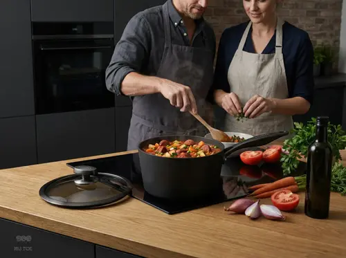 Scanpan Pro SB+ tytanowo-ceramiczny rondel 2,5L na kuchennym blacie z warzywami.