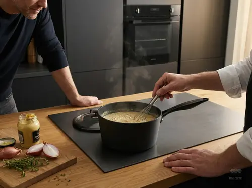 Tytanowo-ceramiczny rondel Scanpan Pro SB+ na kuchence z gotującą się zupą.