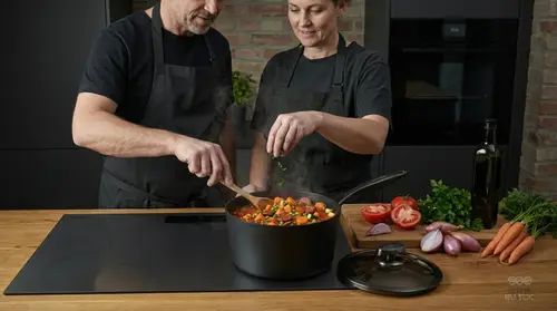 Tytanowo-ceramiczny rondel Pro SB+ Scanpan 2,5L na kuchence z gotującym się gulaszem.