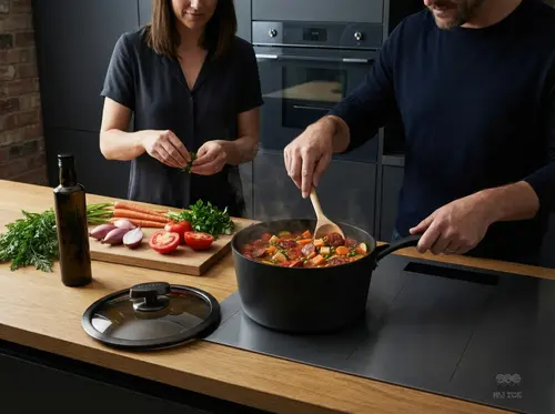 Tytanowo-ceramiczny rondel Scanpan Pro SB+ z pokrywką na kuchennym blacie.