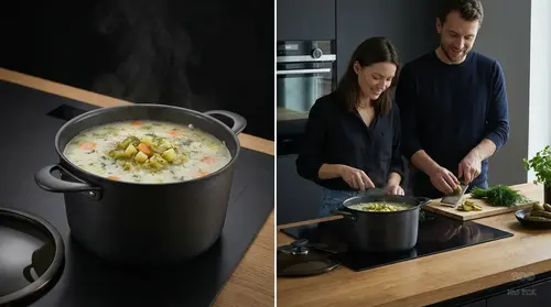 Tytanowo-ceramiczny garnek Scanpan Pro SB+ z zupą na kuchennym blacie.
