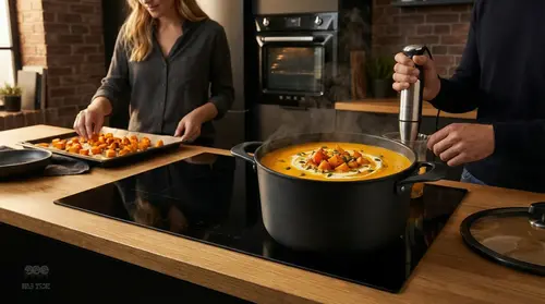 Tytanowo-ceramiczny garnek Scanpan Pro SB+ z zupą na kuchence