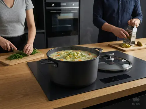 Tytanowo-ceramiczny garnek Pro SB+ Scanpan z pokrywką, 3,5 litra, w kuchni podczas gotowania.
