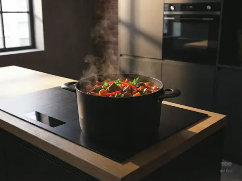 Tytanowo-ceramiczny garnek Pro SB+ Scanpan na kuchence indukcyjnej w nowoczesnej kuchni.