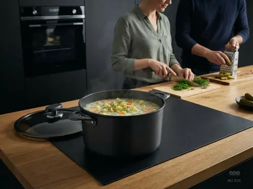 Tytanowo-ceramiczny garnek Scanpan Pro SB+ 4,8 l z pokrywką na drewnianym blacie w kuchni