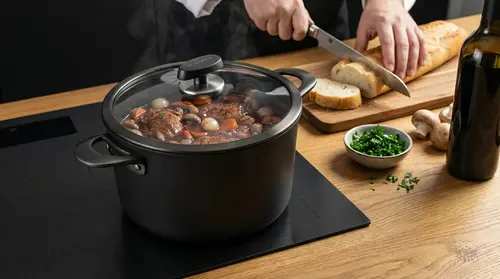 Tytanowo-ceramiczny garnek Scanpan Pro SB+ na kuchni z daniem mięsnym.