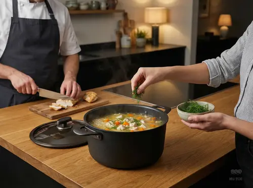 Scanpan Pro SB+ garnek tytanowo-ceramiczny z pokrywką 4,8 l w akcji kulinarnej.