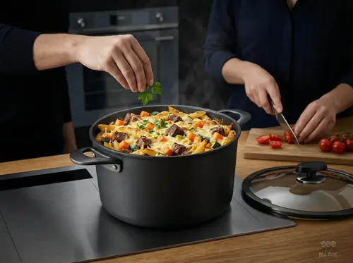 Tytanowo-ceramiczny garnek Scanpan Pro SB+ z daniem i pokrywką na kuchence.
