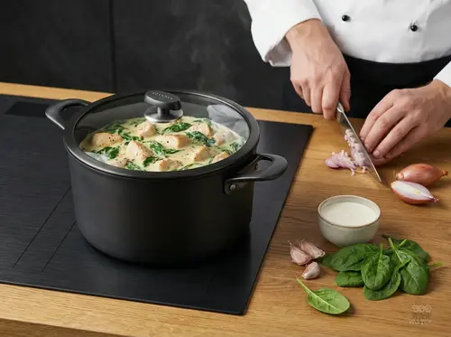 Tytanowy garnek Scanpan Pro SB+ 6,5L z daniem z kurczaka i szpinaku, obok krojona cebula.