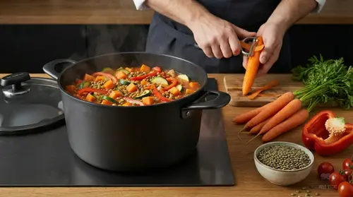 Tytanowo-ceramiczny garnek Pro SB+ Scanpan z warzywami na kuchence.