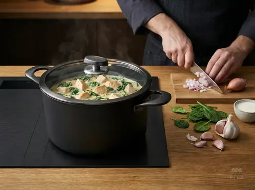 Scanpan Pro SB+ garnek tytanowo-ceramiczny 6,5 l z potrawą i pokrywką.