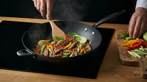 Tytanowo-ceramiczny wok Pro SB+ marki Scanpan na drewnianym blacie z warzywami.