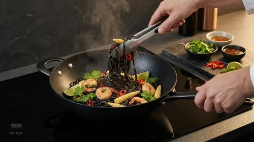 Tytanowo-ceramiczny wok Scanpan Pro SB+ z pysznym daniem