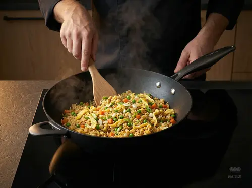 Tytanowo-ceramiczny wok Scanpan Pro SB+ z aromatycznym daniem na kuchence.