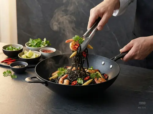 Tytanowo-ceramiczny wok Scanpan Pro SB+ z daniem z krewetkami i warzywami