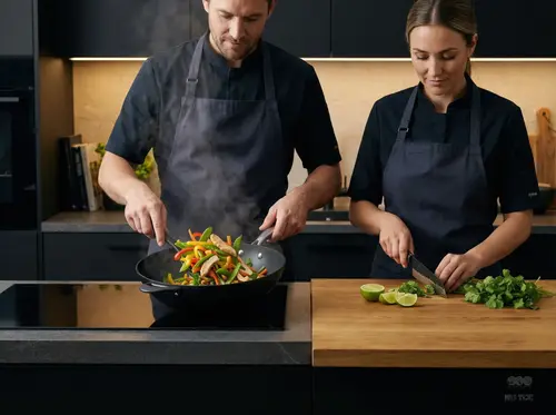 Wok Scanpan Pro SB+ tytanowo-ceramiczny z warzywami w nowoczesnej kuchni.