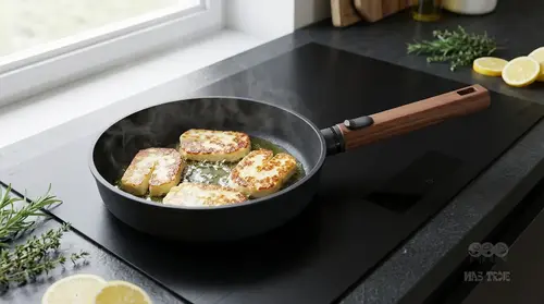 Patelnia WOLL Eco Logic QXR Wood z serem halloumi na kuchence indukcyjnej
