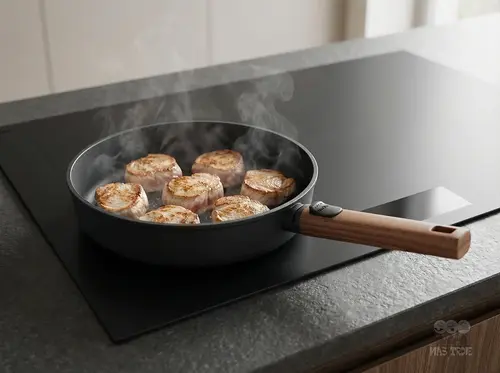 WOLL Eco Logic QXR Wood - Patelnia tytanowa z drewnianym uchwytem na kuchence, smażone mięso.