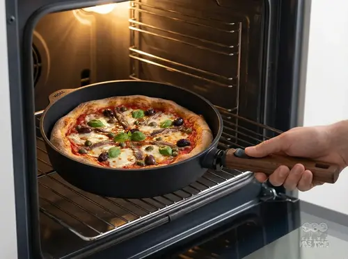 Głęboka patelnia WOLL Eco Logic QXR Wood z pizzą prosto z piekarnika