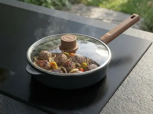 Pokrywka Woll na patelni z klopsikami i warzywami na płycie indukcyjnej.