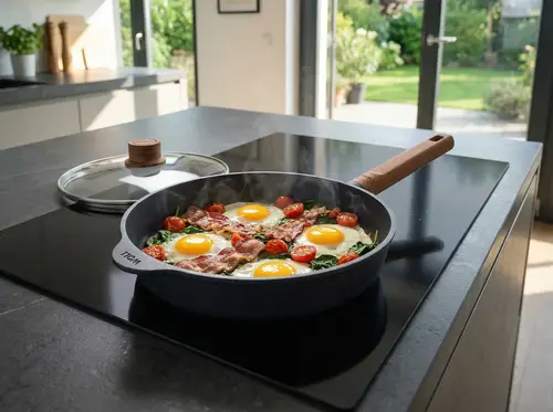 Patelnia Tefal z jajkami, boczkiem i pomidorami na nowoczesnej kuchence w jasnej kuchni.