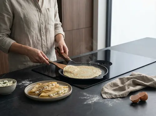 Patelnia producenta na indukcji z naleśnikiem i świeżymi składnikami w tle.