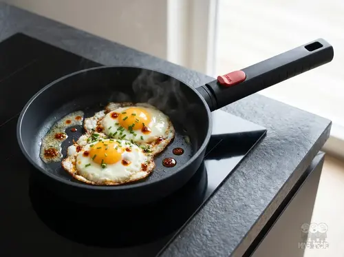 Patelnia Tefal z jajkami sadzonymi na nowoczesnej kuchence indukcyjnej.
