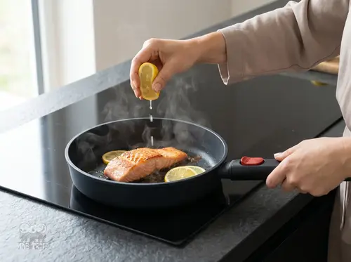 Produkt. Patelnia z łososiem i cytryną na nowoczesnej kuchence indukcyjnej.