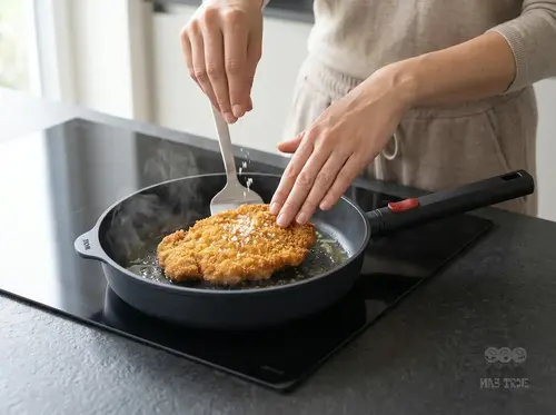Patelnia produkt z rumianym kotletem na kuchence indukcyjnej.