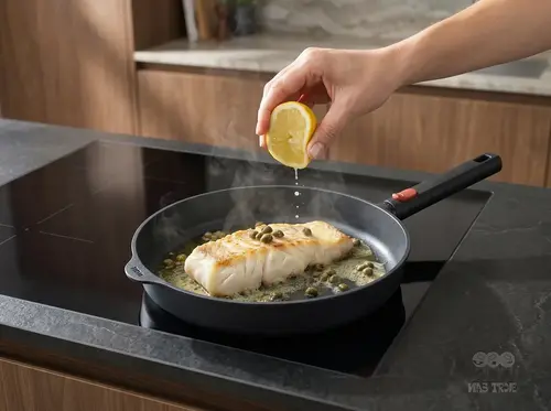 Patelnia Produkt z rybą i kaparami, skropiona cytryną na płycie indukcyjnej w nowoczesnej kuchni.