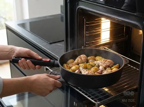Patelnia produkt z kurczakiem i ziemniakami w piekarniku, gotowa do pieczenia.