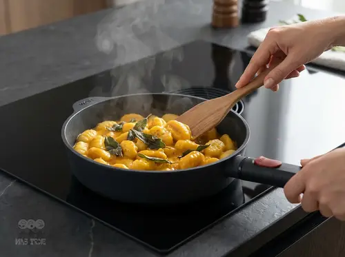 Patelnia Produkt z gnocchi i szałwią na kuchence indukcyjnej