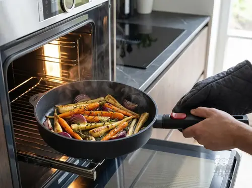 Produkt w kuchni - patelnia z warzywami wyjęta z piekarnika, gotowa do serwowania