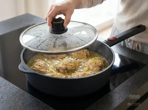 Garnek do duszenia produkt z pokrywką na kuchence indukcyjnej, gotujące się mięso w sosie ziołowym.