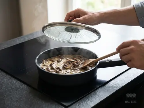 Patelnia WOLL Eco Logic QXR 20 cm z tytanową powłoką, gotowanie potrawy na kuchence indukcyjnej.