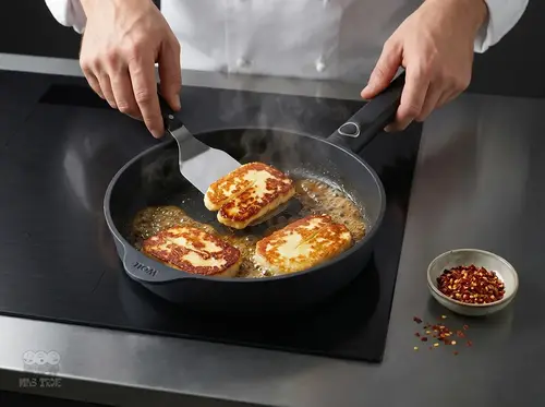 Patelnia Eco Logic QXR WOLL z serem halloumi na kuchence indukcyjnej.
