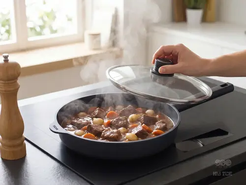 Patelnia Tefal na kuchennej płycie z duszącą się potrawą mięsną i warzywami.
