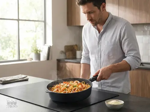 Mężczyzna gotujący makaron z owocami morza w patelni produkt w nowoczesnej kuchni.