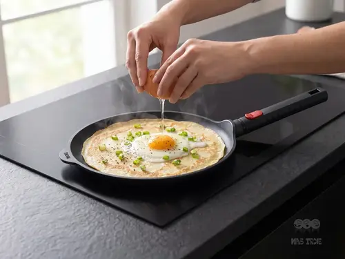 Patelnia produkt, na której smaży się omlet z jajkiem i szczypiorkiem w nowoczesnej kuchni.